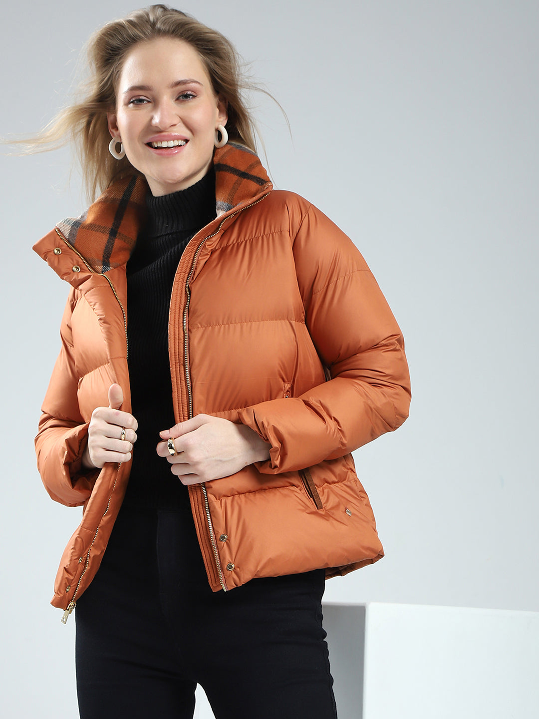 Women Rust Solid Mock Neck Full Sleeve Jacket