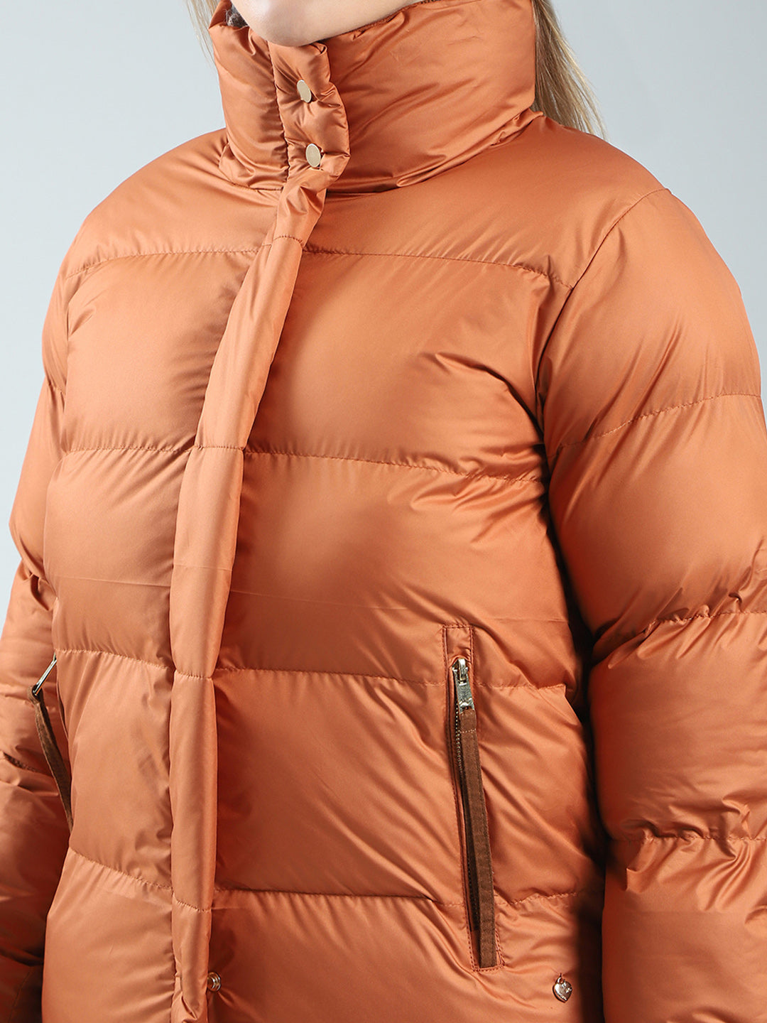 Women Rust Solid Mock Neck Full Sleeve Jacket