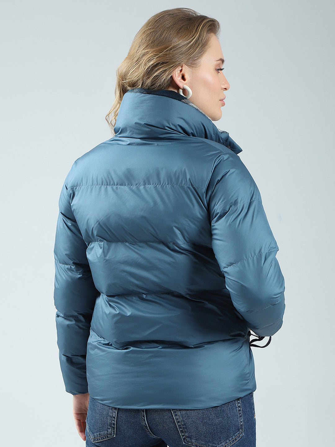 Women Teal Blue Solid Mock Neck Full Sleeve Jacket