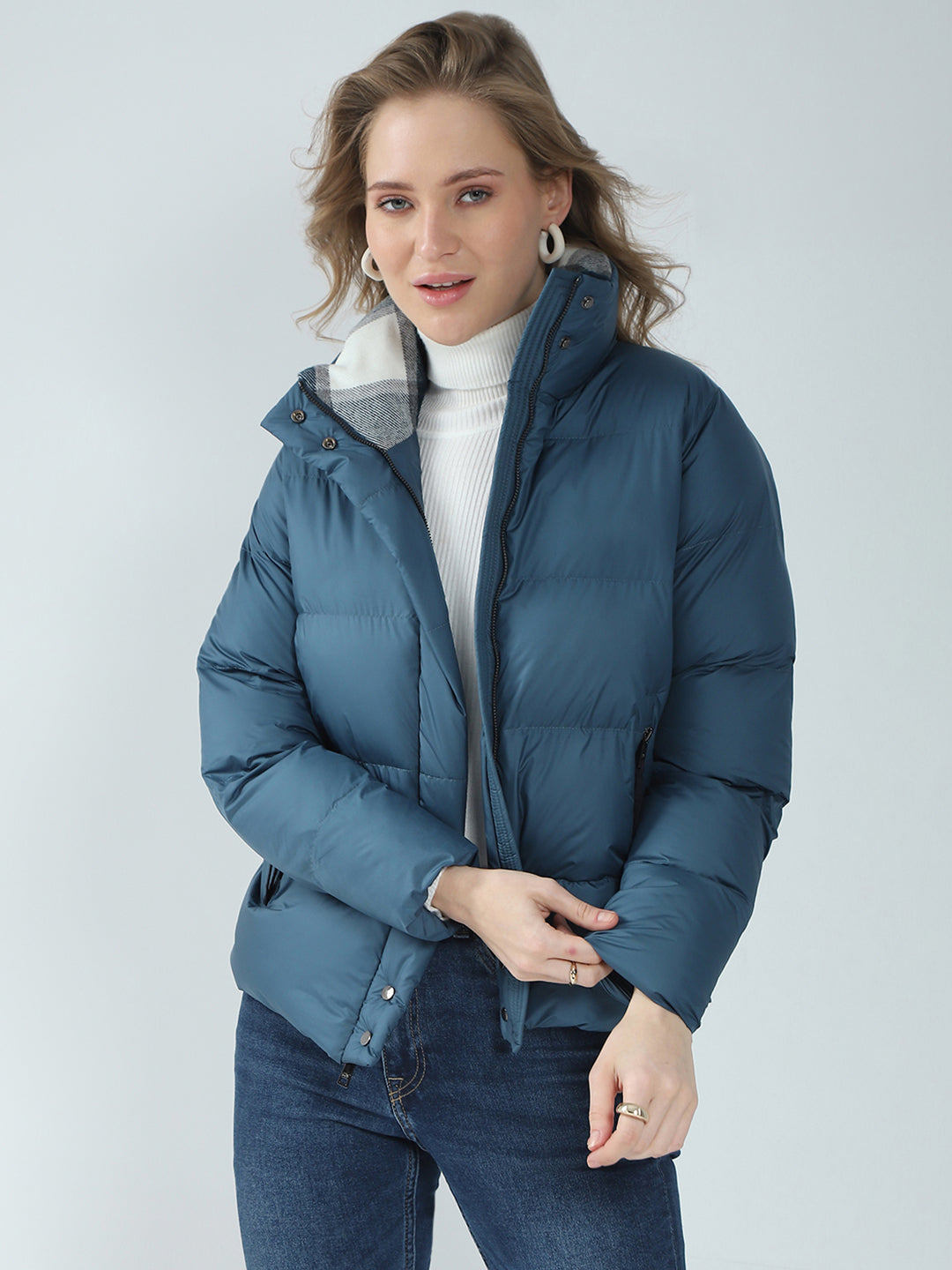 Women Teal Blue Solid Mock Neck Full Sleeve Jacket