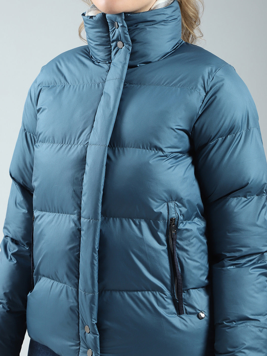 Women Teal Blue Solid Mock Neck Full Sleeve Jacket