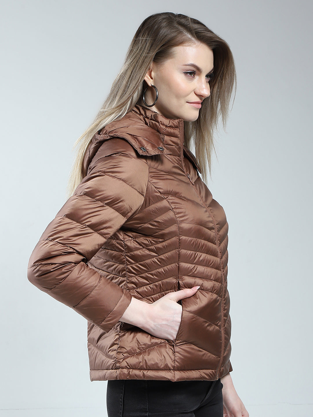 Women Brown Solid Detachable Hood Full Sleeve Puffer Jacket