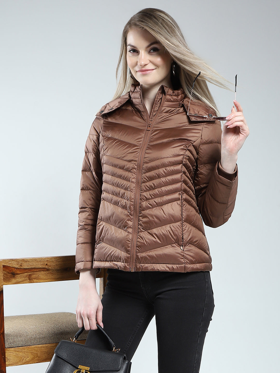 Women Brown Solid Detachable Hood Full Sleeve Puffer Jacket