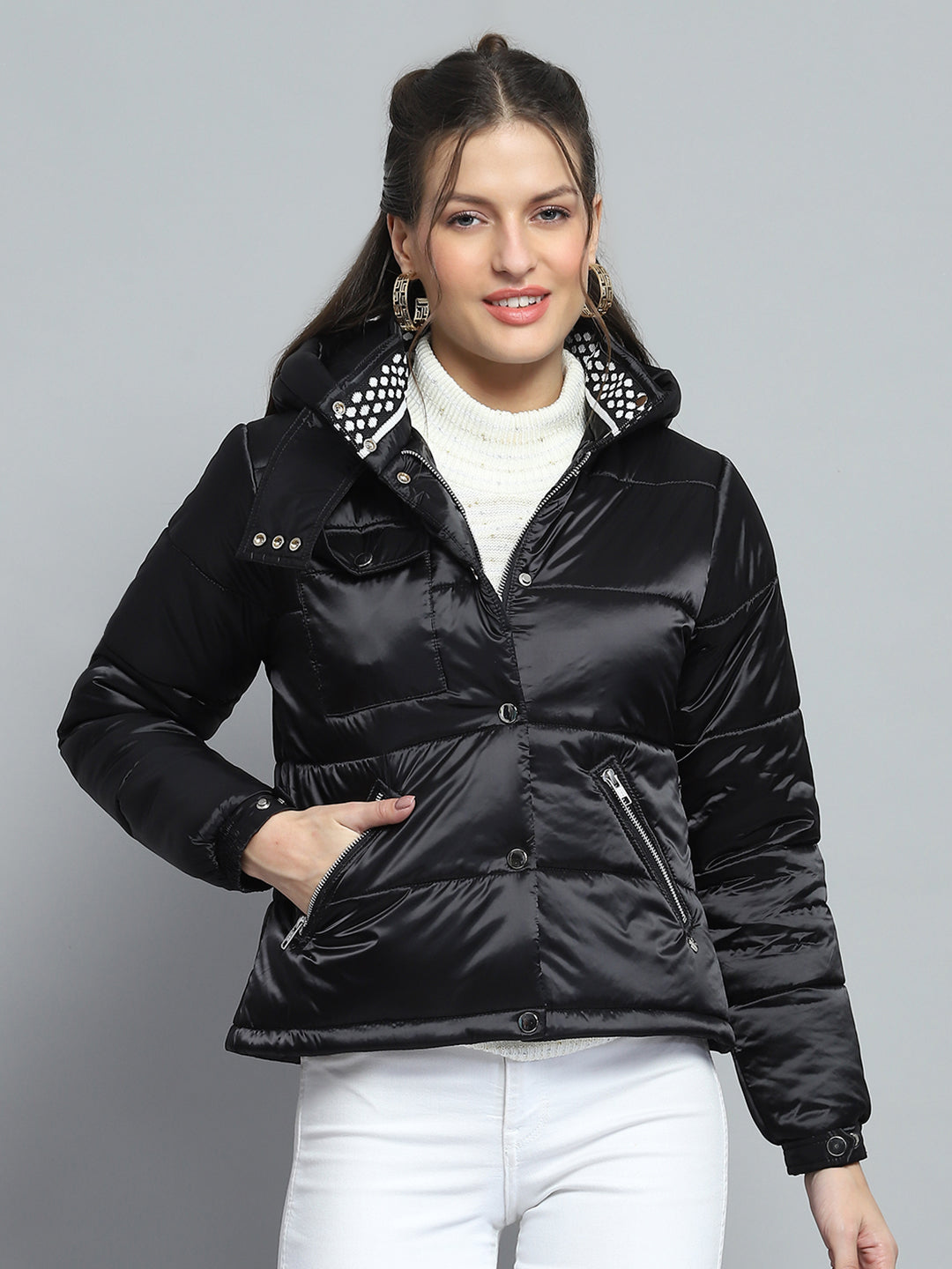 Women Black Solid Hooded Full Sleeve Jacket