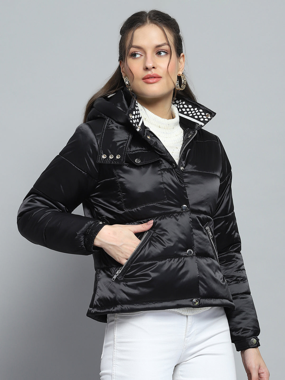 Women Black Solid Hooded Full Sleeve Jacket