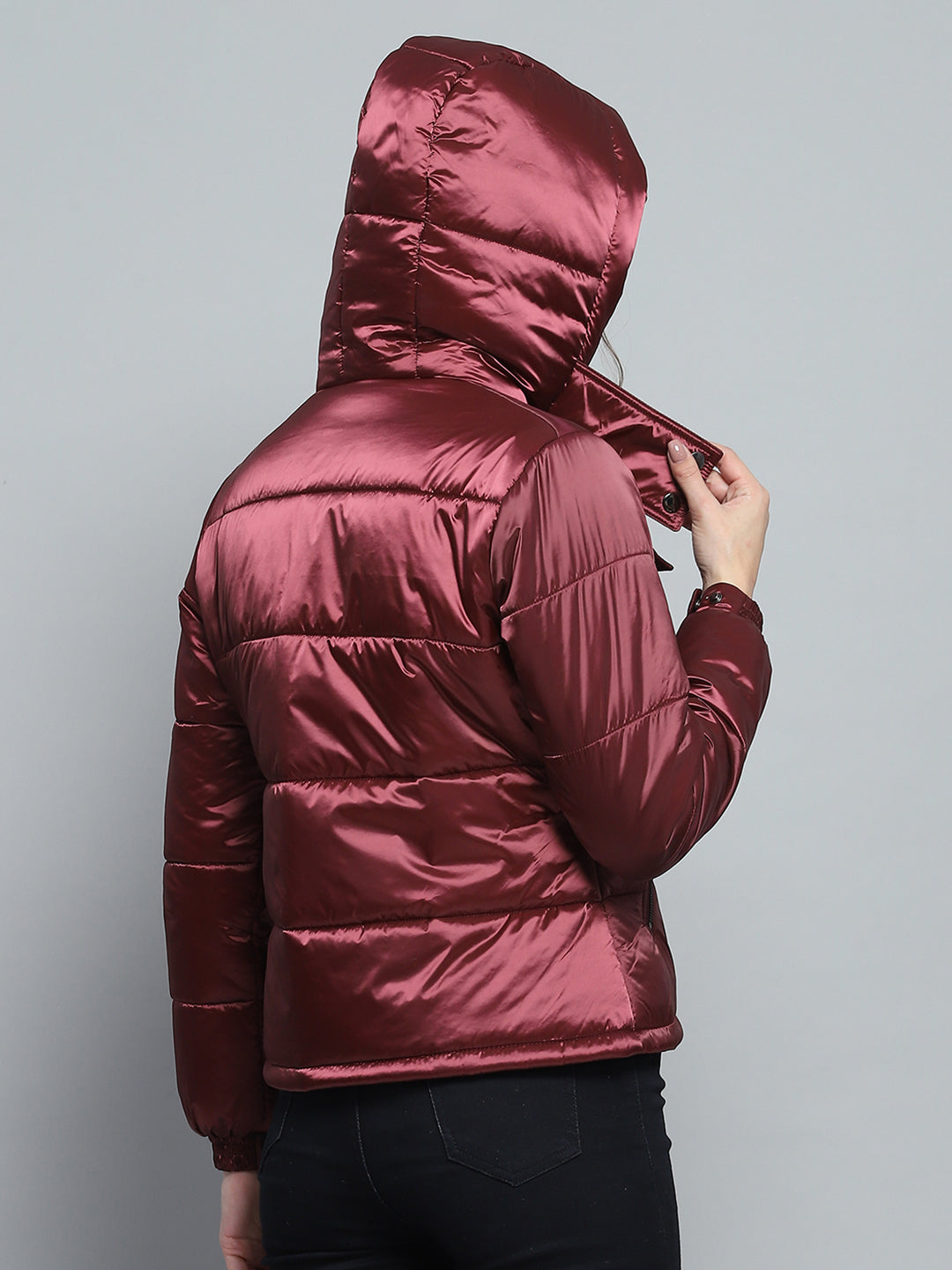 Women Maroon Solid Hooded Full Sleeve Jacket