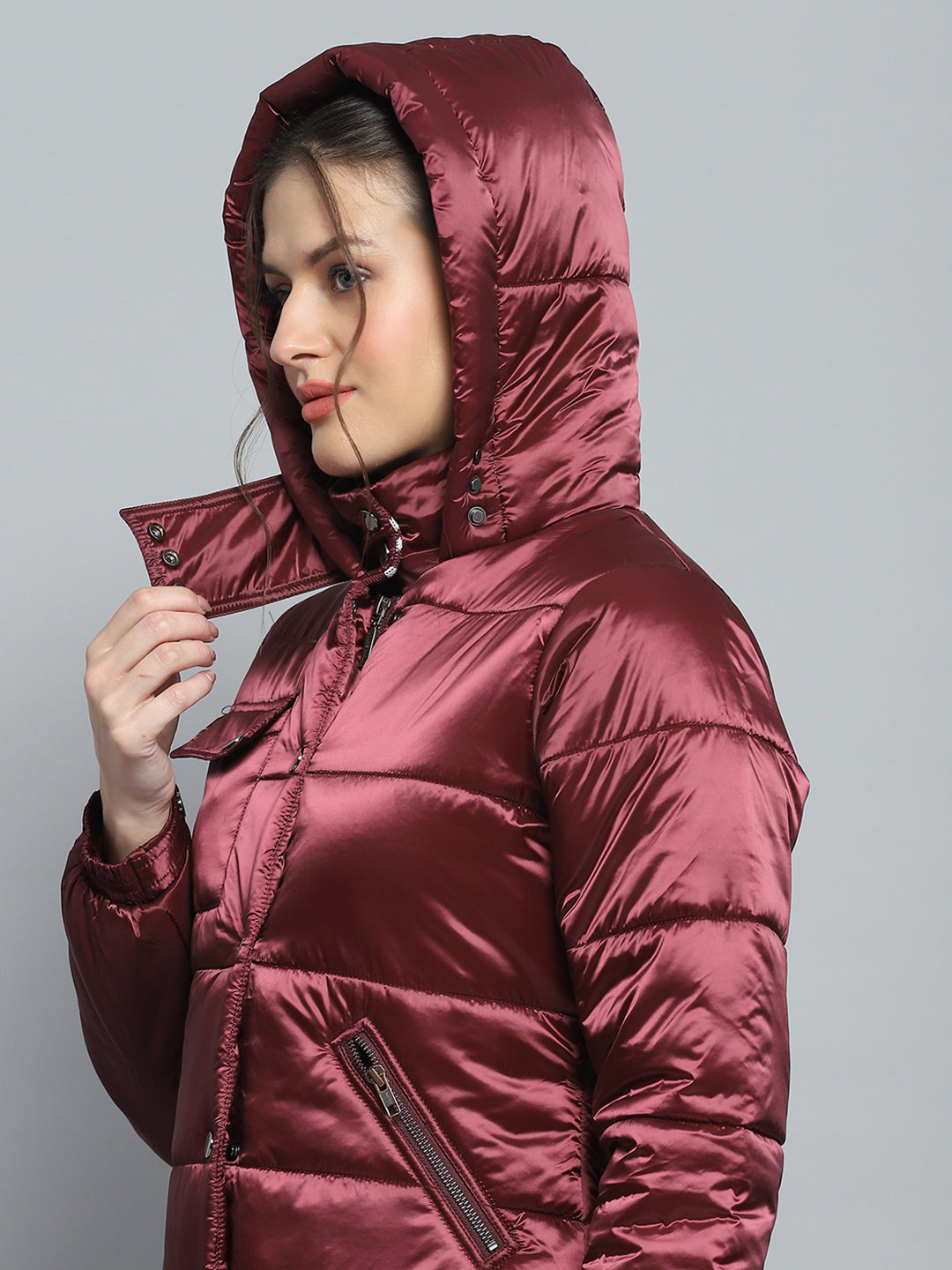 Women Maroon Solid Hooded Full Sleeve Jacket