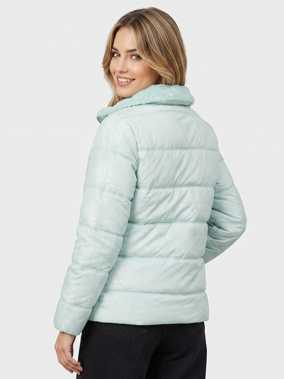 Women Aqua Blue Embroidered Collar Full Sleeve Quilted Jacket