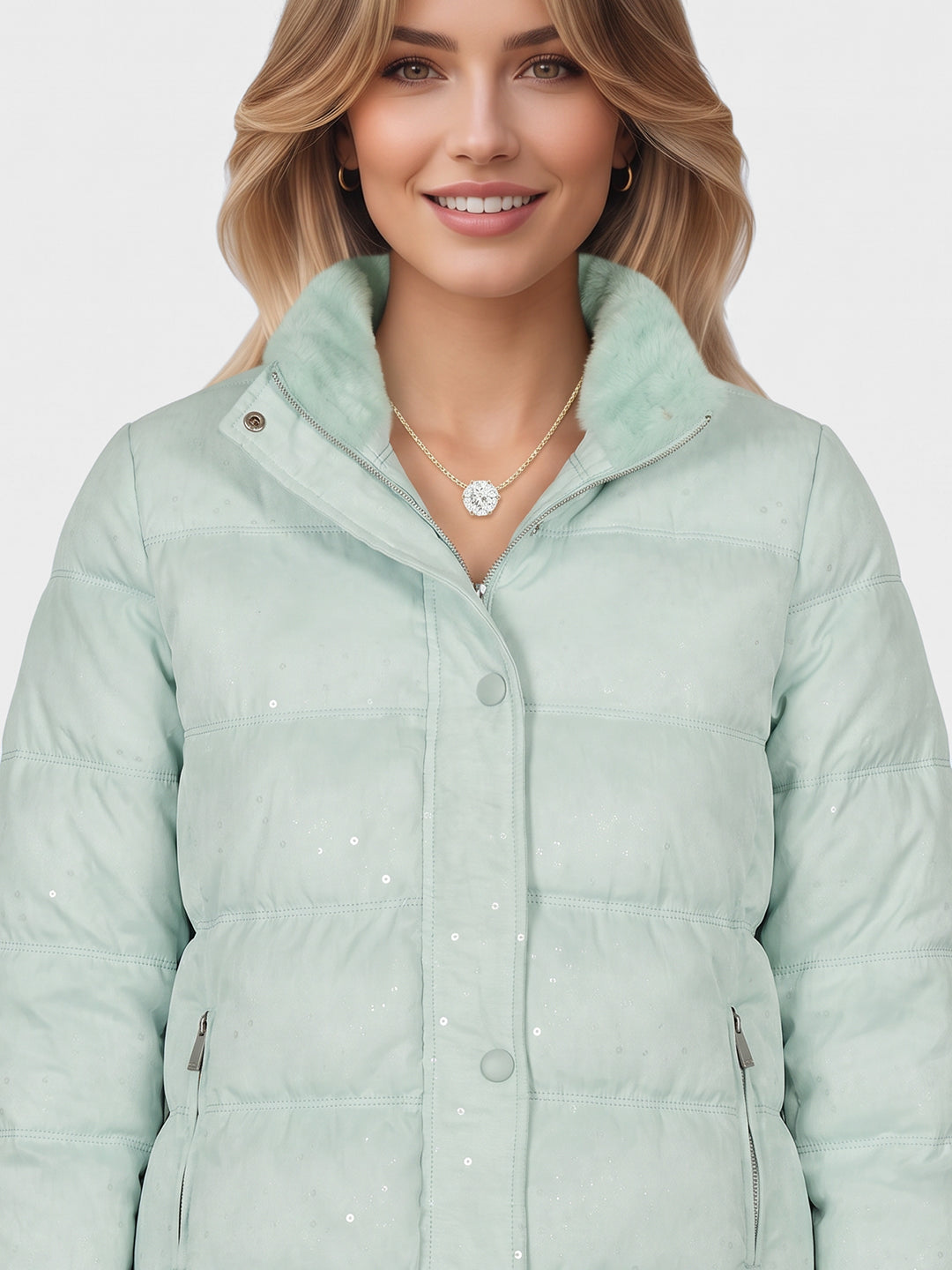 Women Aqua Blue Embroidered Collar Full Sleeve Quilted Jacket