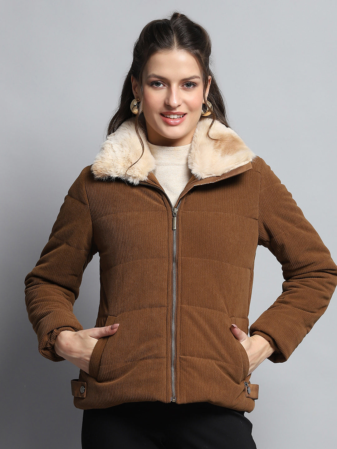 Women Khaki Solid Collar Full Sleeve Jacket