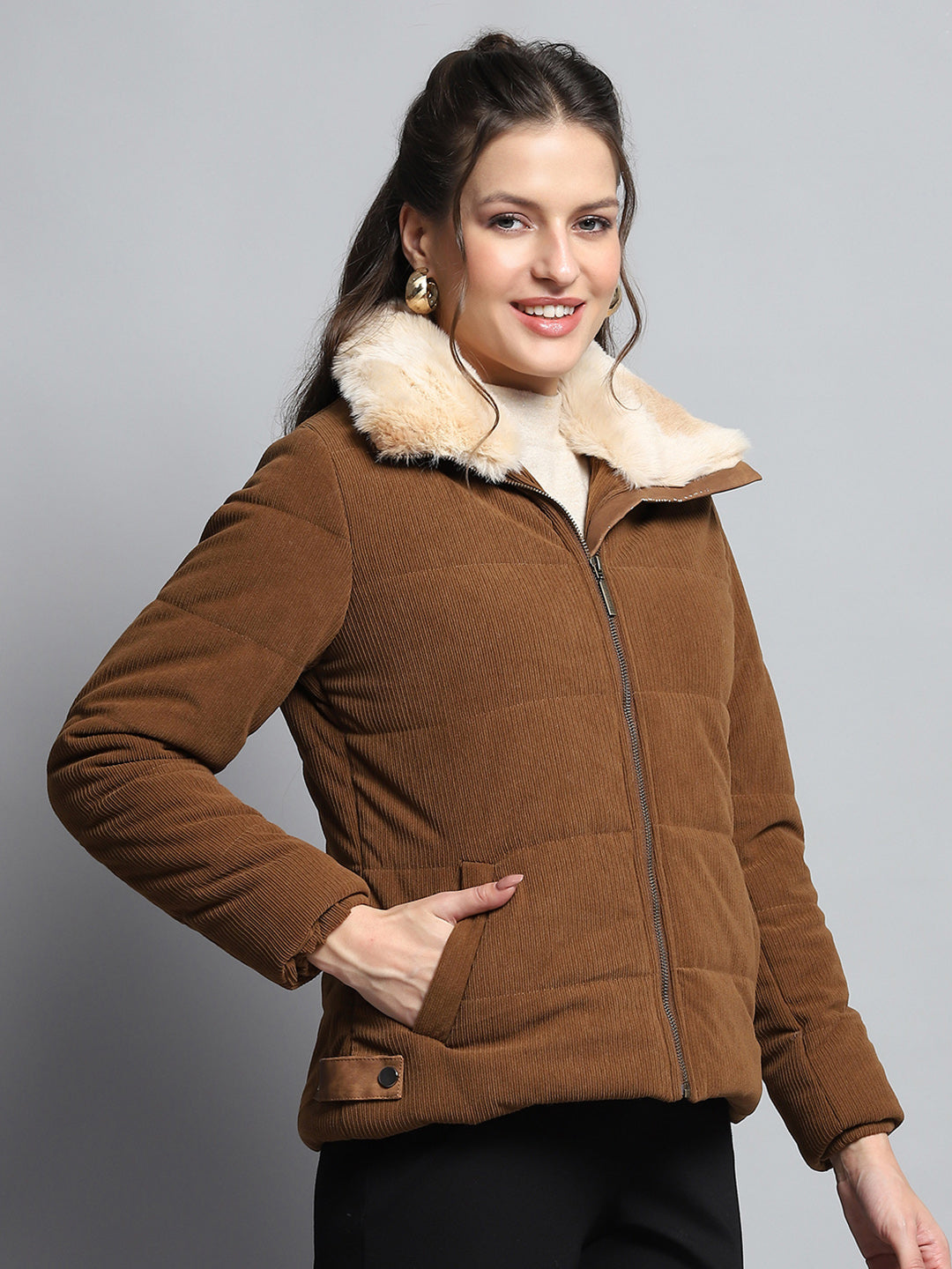 Women Khaki Solid Collar Full Sleeve Jacket
