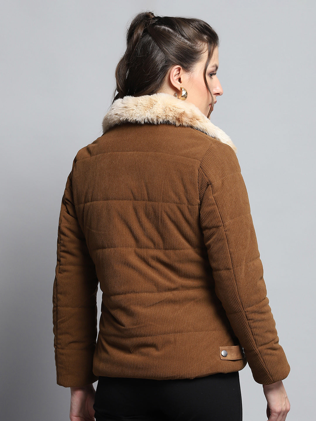 Women Khaki Solid Collar Full Sleeve Jacket