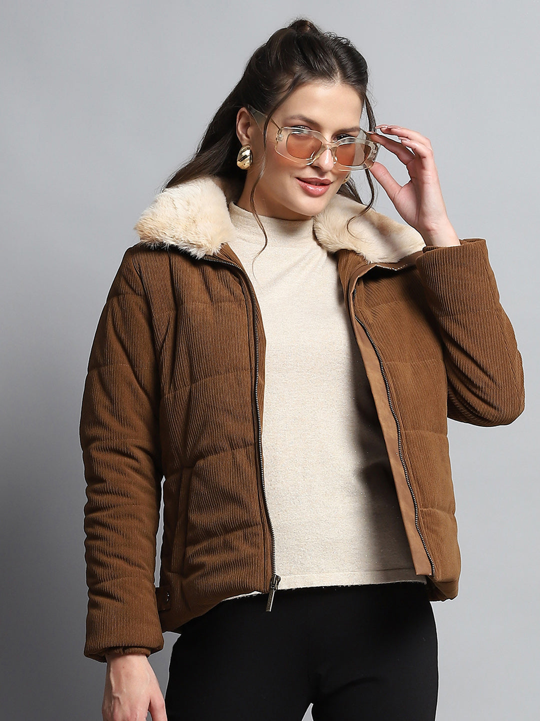 Women Khaki Solid Collar Full Sleeve Jacket