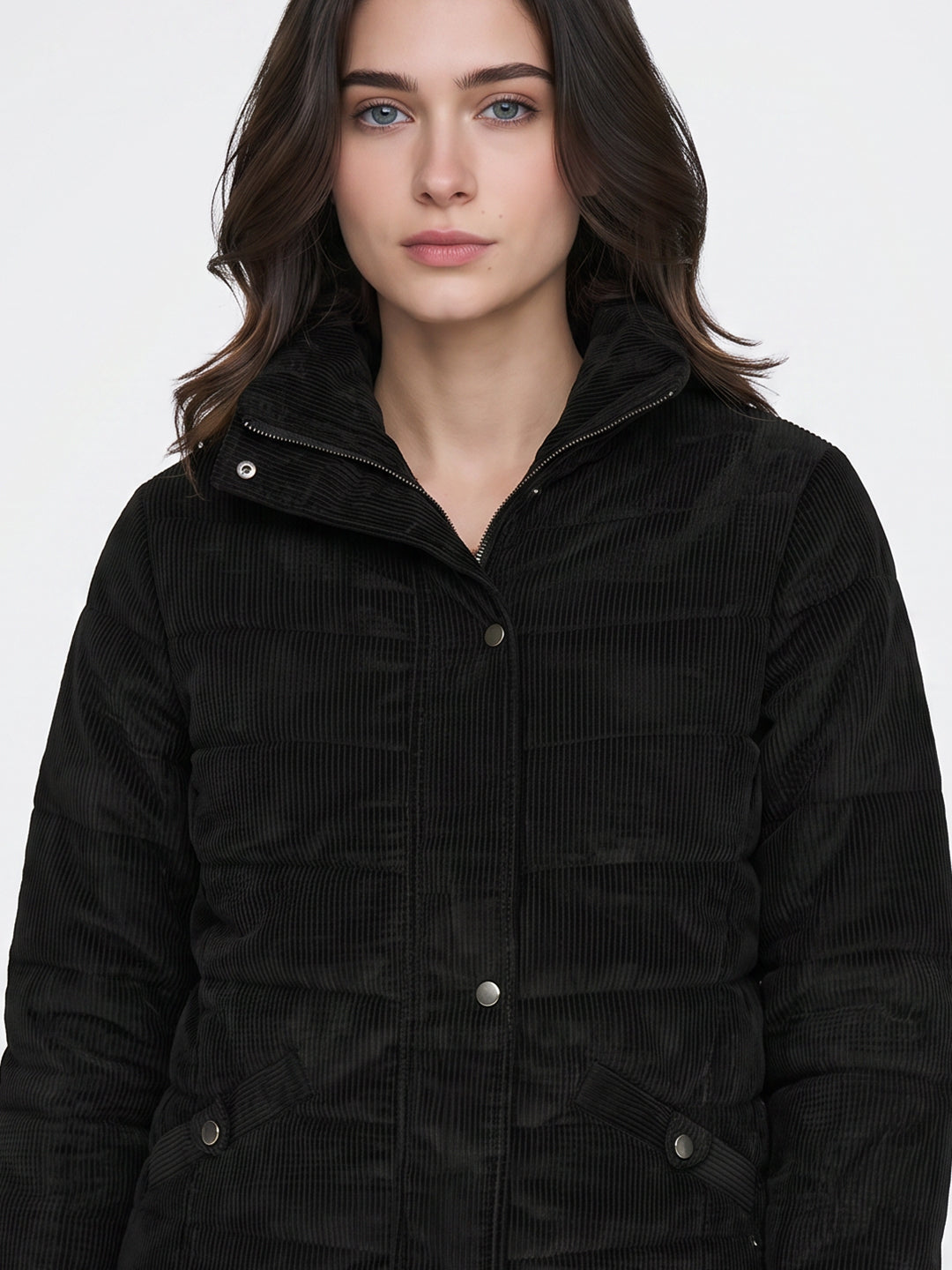 Women Black Self Design Stand Collar Full Sleeve Puffer Jacket