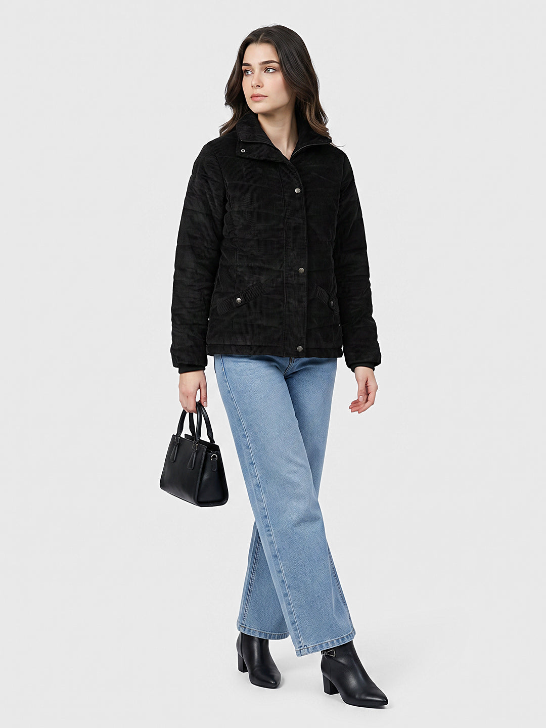 Women Black Self Design Stand Collar Full Sleeve Puffer Jacket