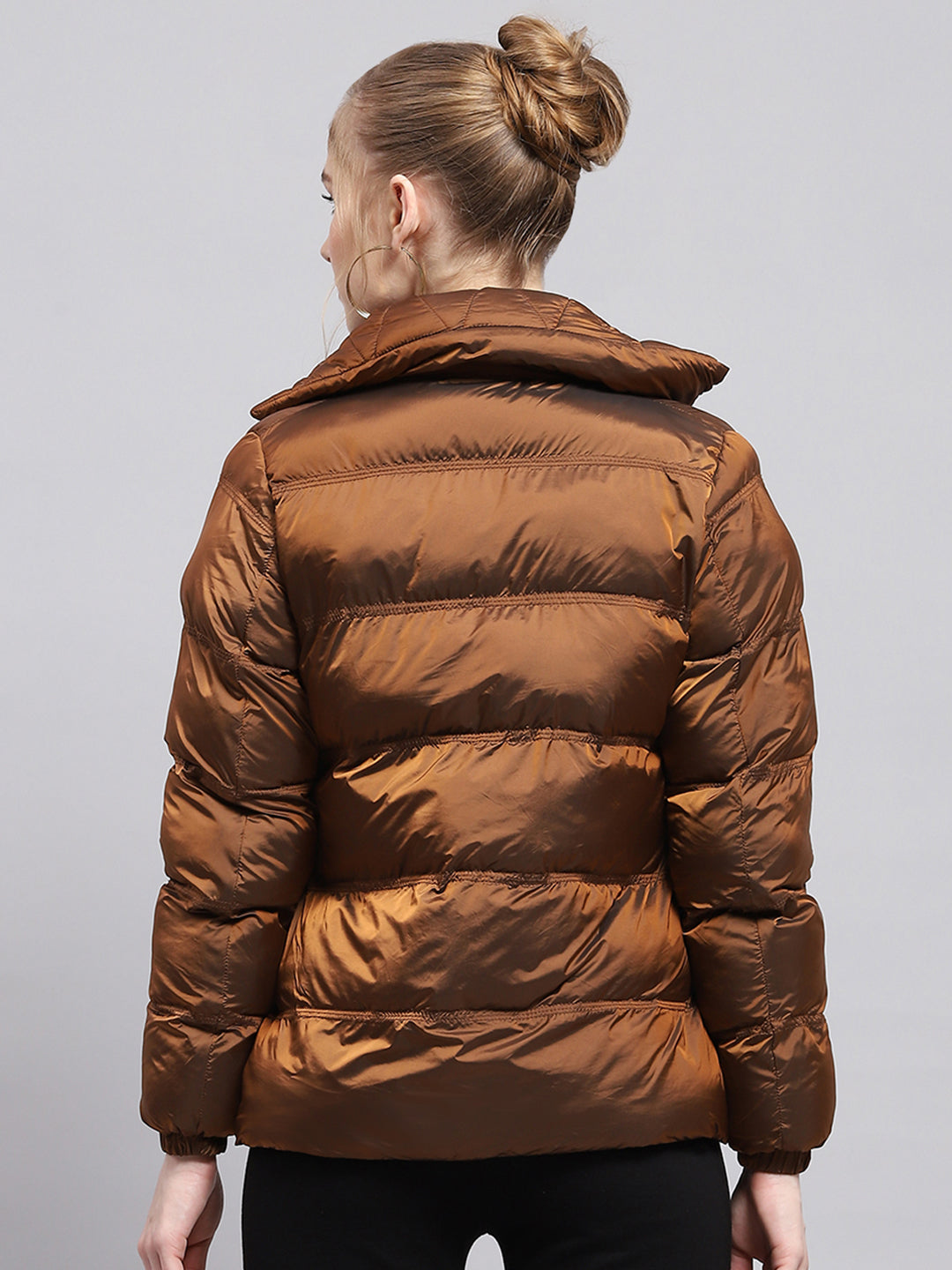 Women Brown Solid Mock Neck Full Sleeve Jacket