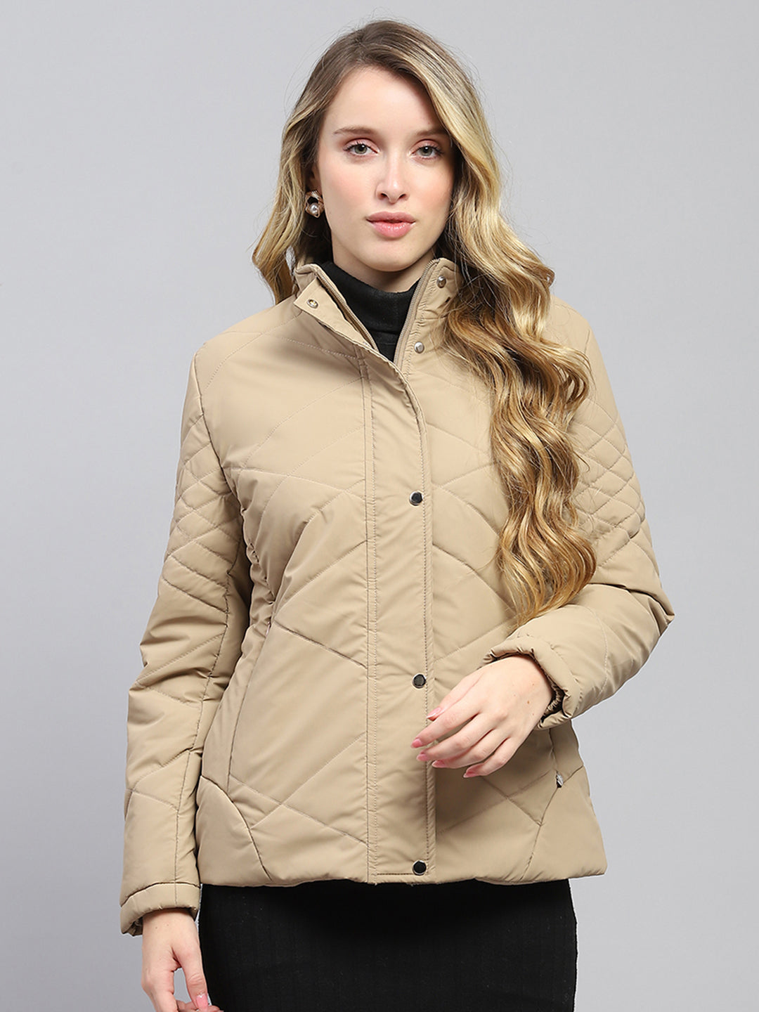 Women Khaki Solid Mock Neck Full Sleeve Jacket
