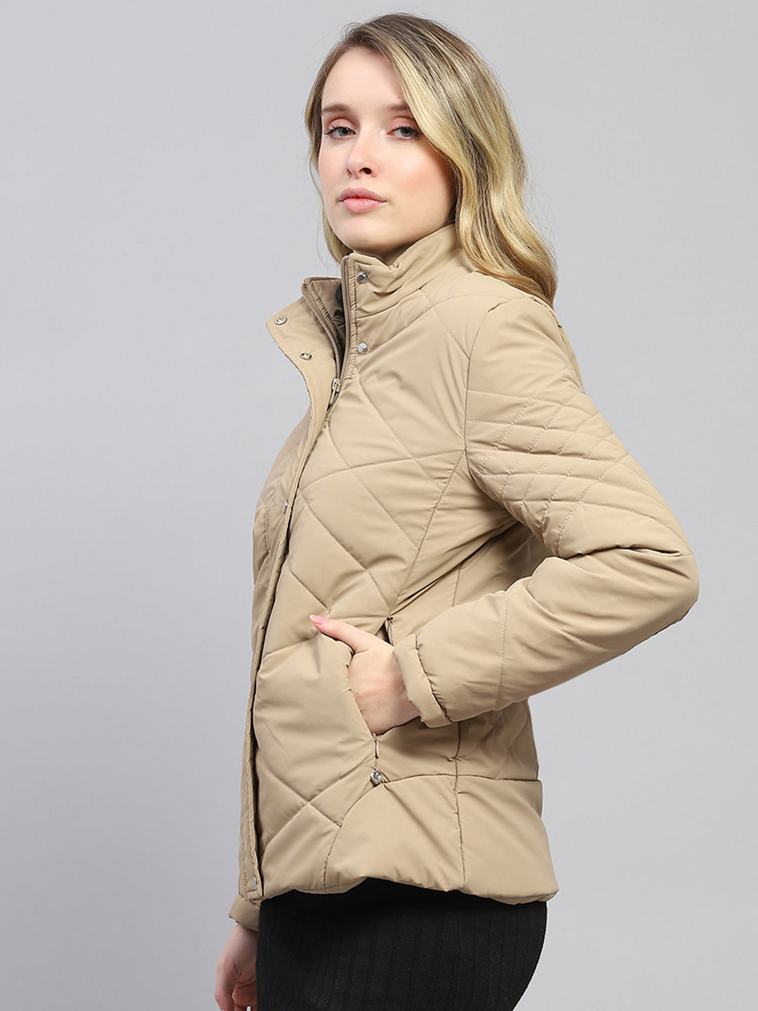 Women Khaki Solid Mock Neck Full Sleeve Jacket