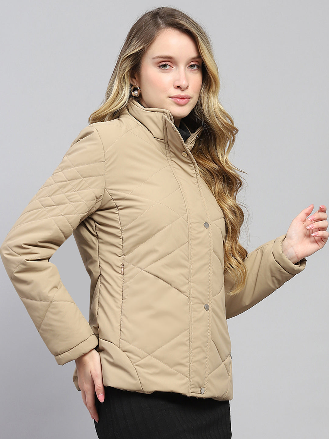 Women Khaki Solid Mock Neck Full Sleeve Jacket