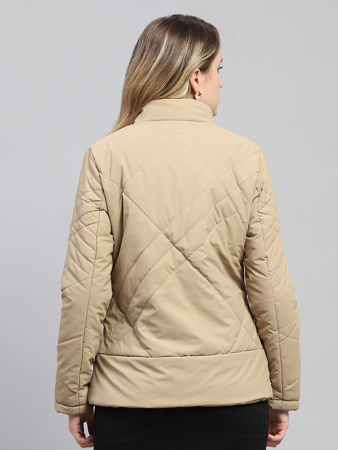 Women Khaki Solid Mock Neck Full Sleeve Jacket