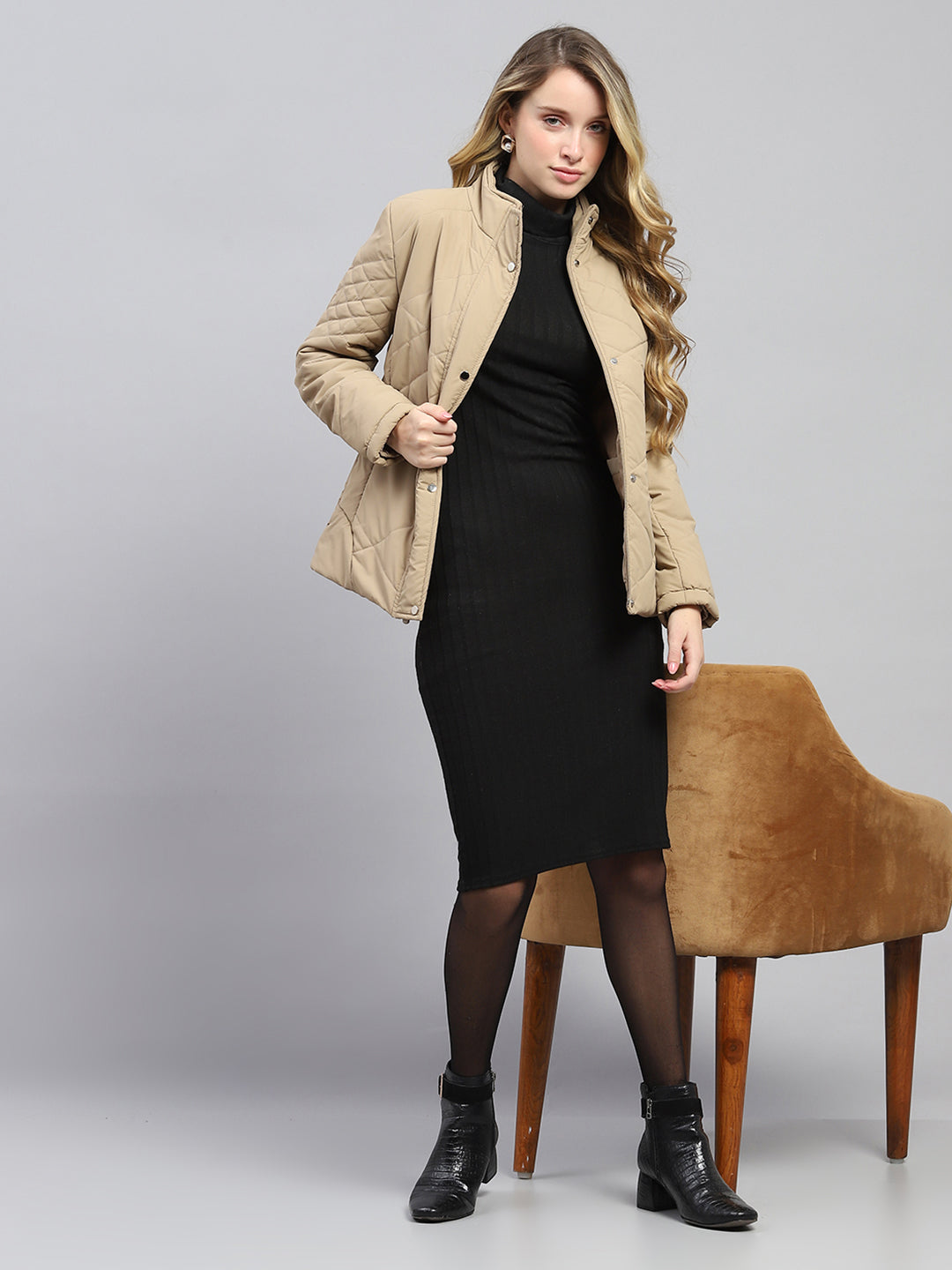 Women Khaki Solid Mock Neck Full Sleeve Jacket