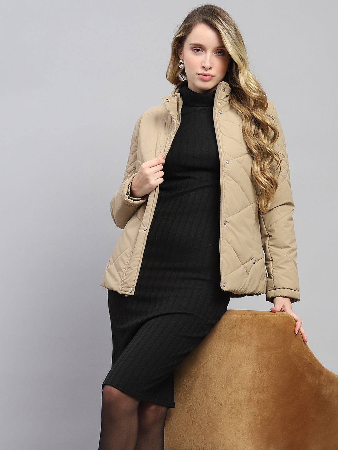 Women Khaki Solid Mock Neck Full Sleeve Jacket