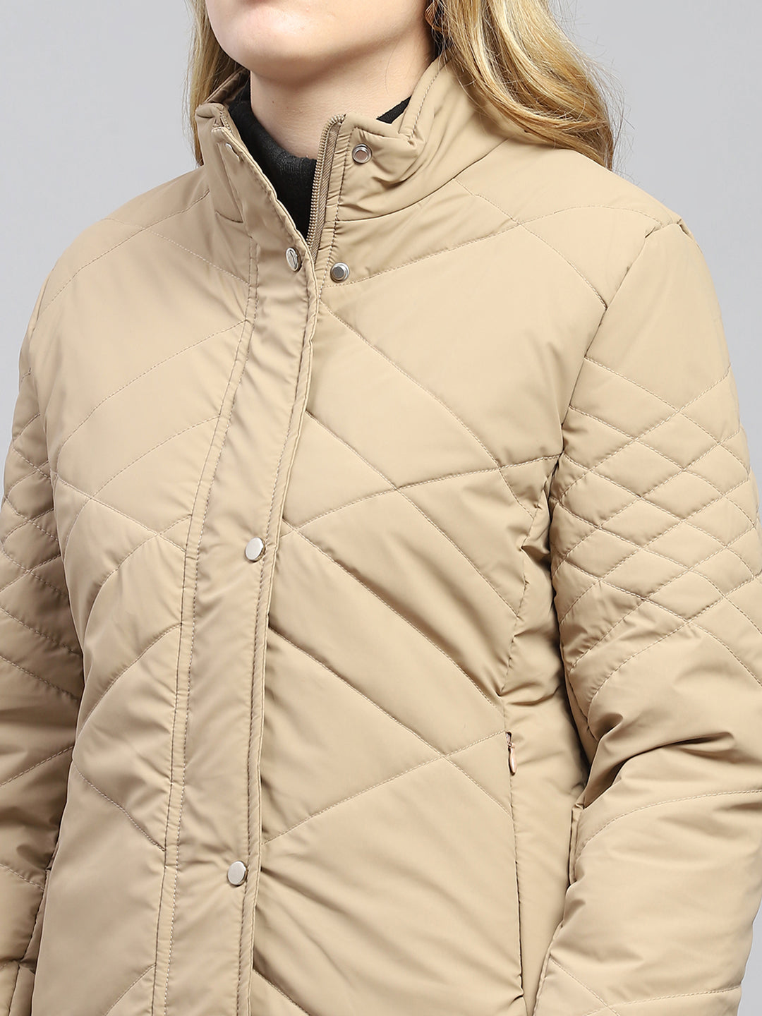 Women Khaki Solid Mock Neck Full Sleeve Jacket