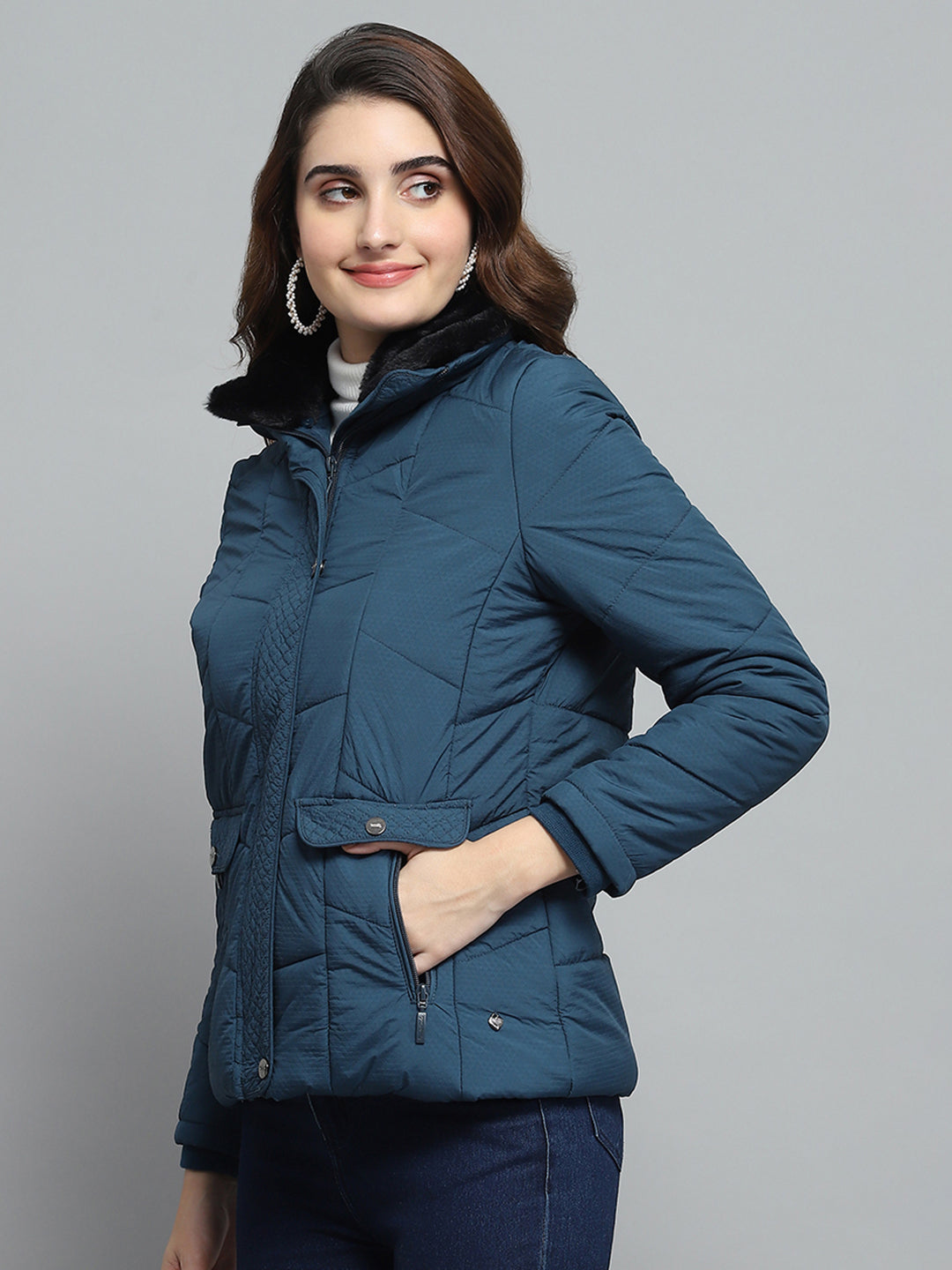 Women Teal Blue Self Design Collar Full Sleeve Jacket