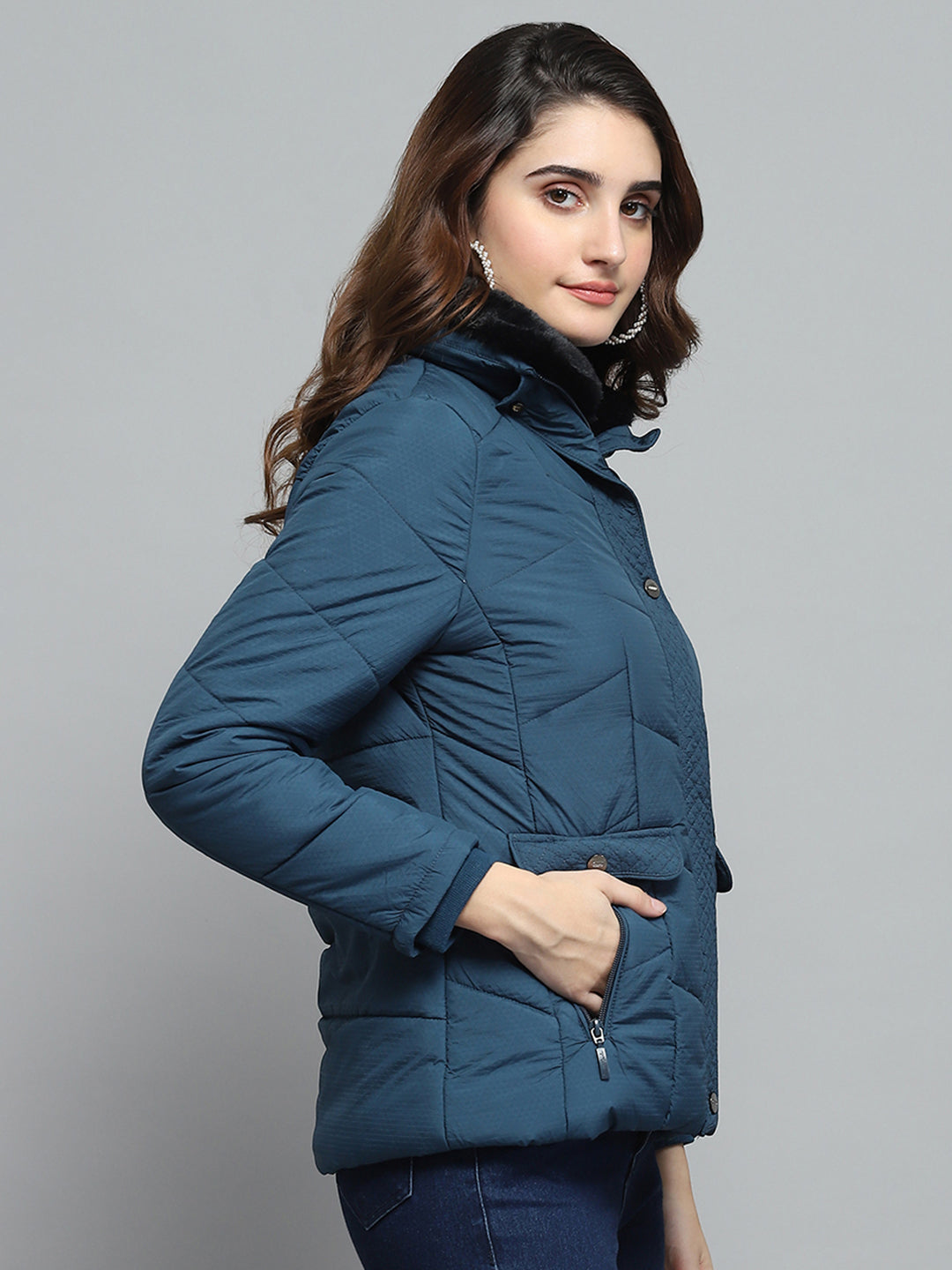 Women Teal Blue Self Design Collar Full Sleeve Jacket