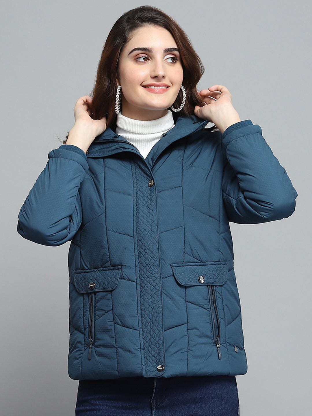 Women Teal Blue Self Design Collar Full Sleeve Jacket