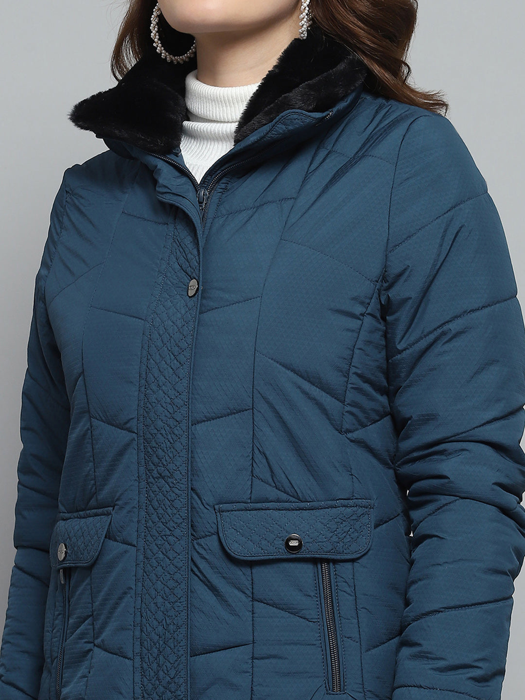 Women Teal Blue Self Design Collar Full Sleeve Jacket