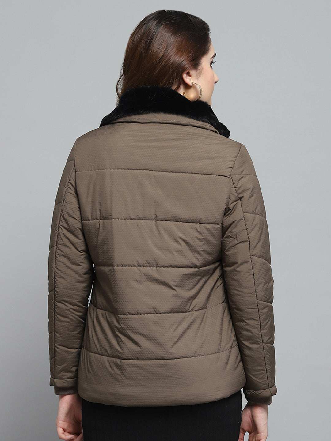 Women Brown Self Design Collar Full Sleeve Jacket