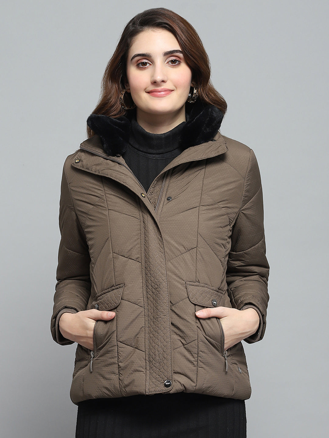 Women Brown Self Design Collar Full Sleeve Jacket