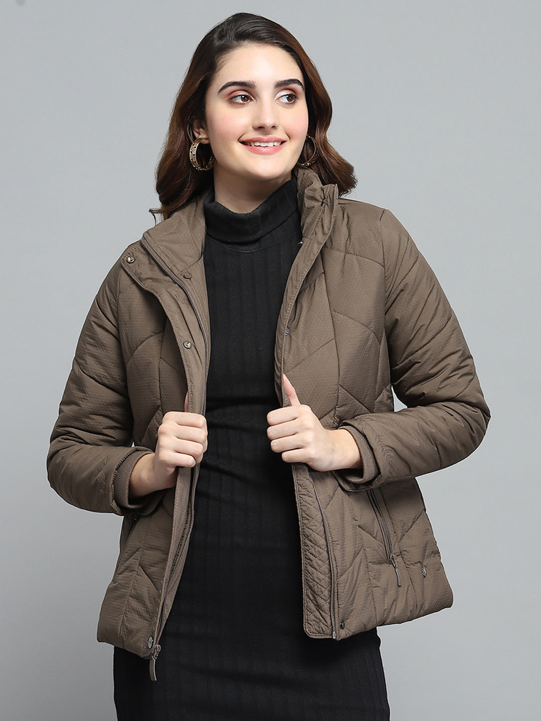 Women Brown Self Design Collar Full Sleeve Jacket