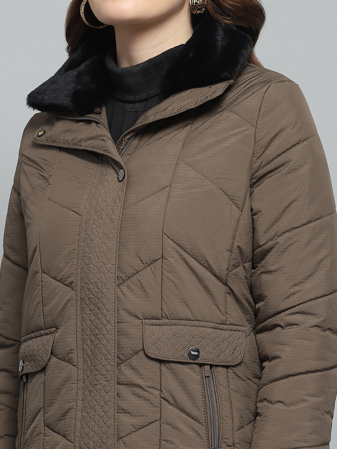 Women Brown Self Design Collar Full Sleeve Jacket