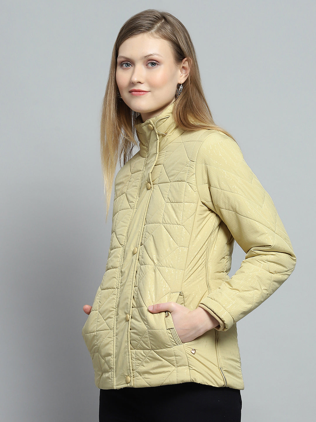 Women Yellow Self Design Mock Neck Full Sleeve Jacket