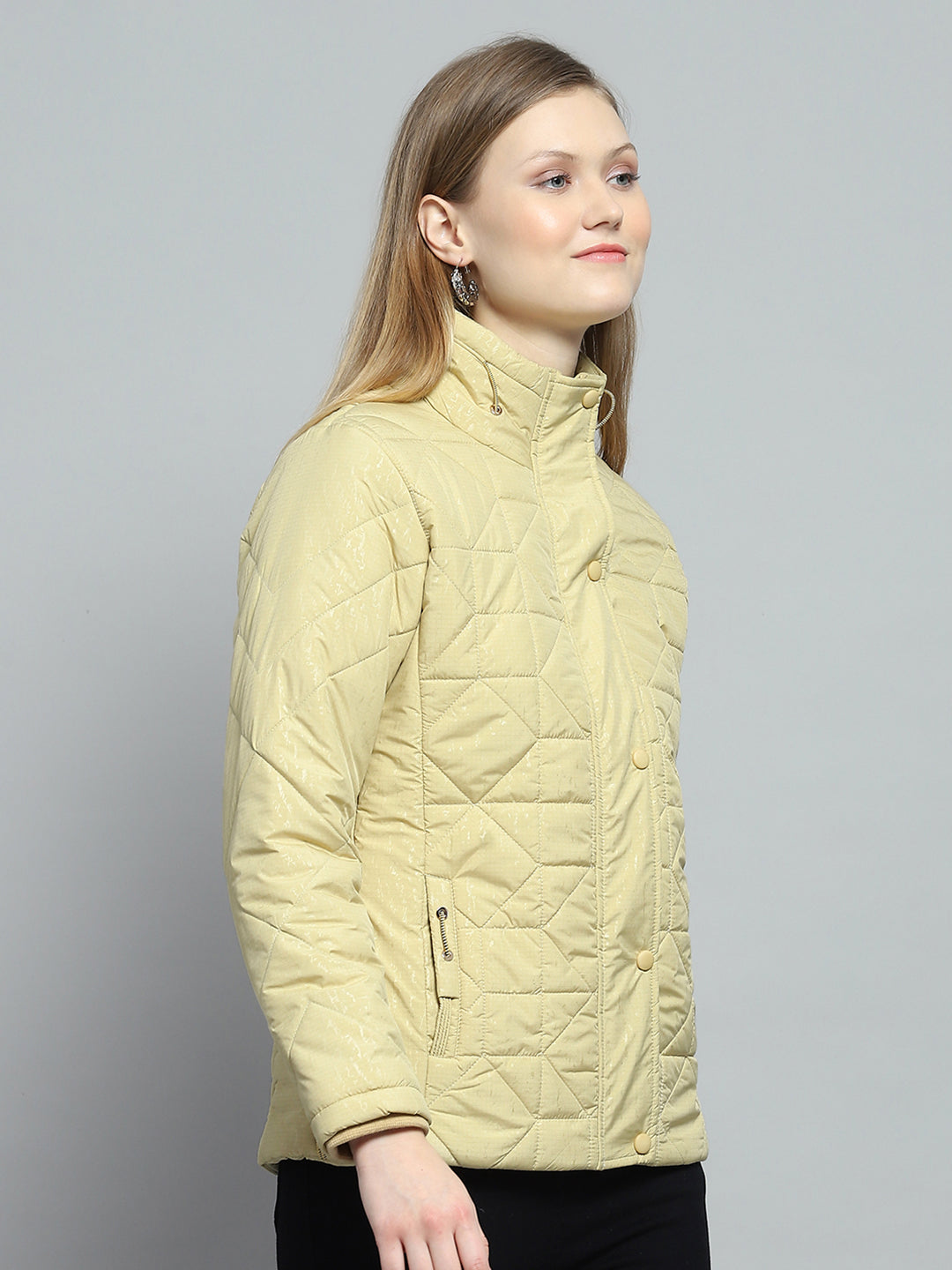 Women Yellow Self Design Mock Neck Full Sleeve Jacket