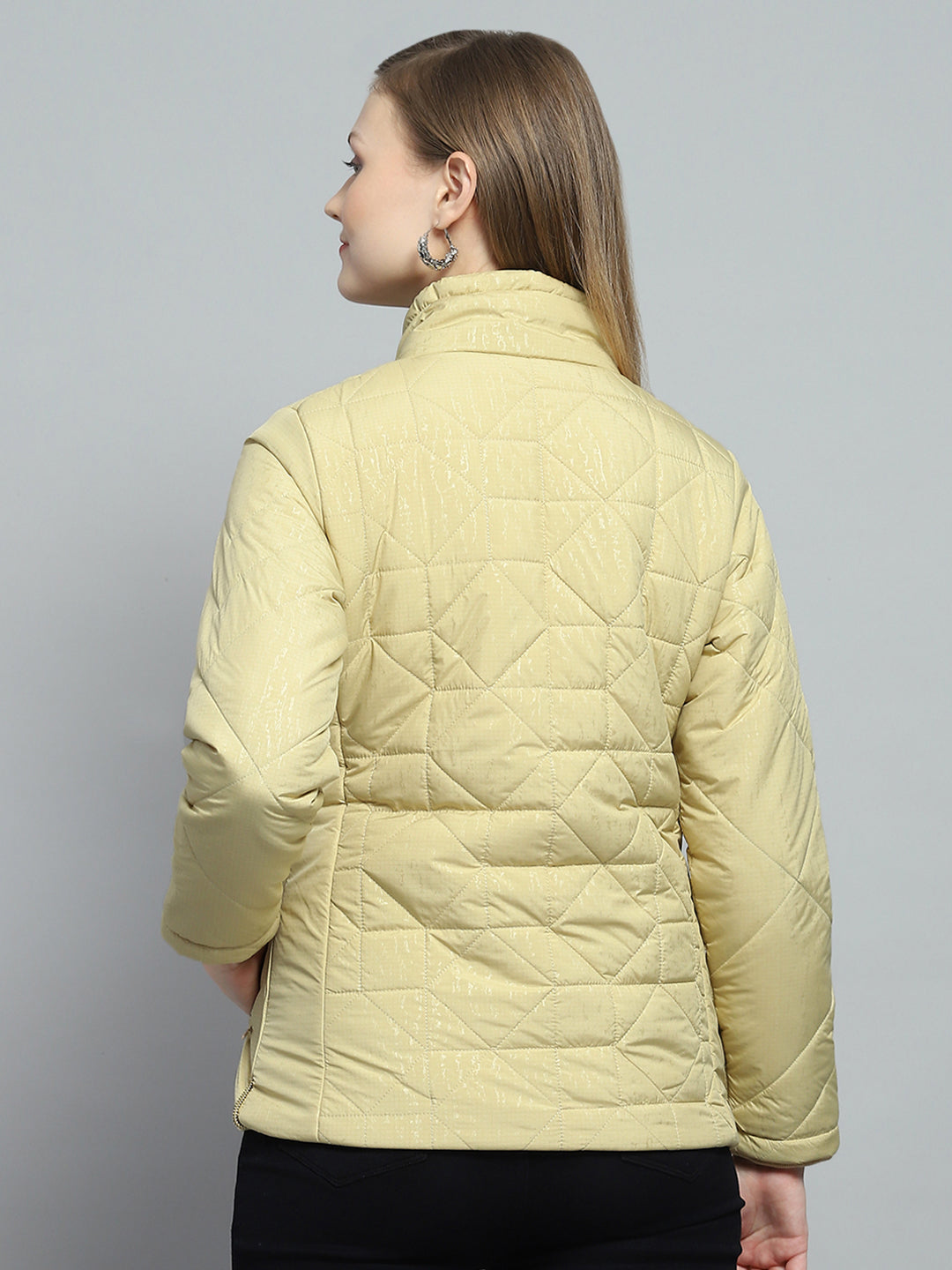 Women Yellow Self Design Mock Neck Full Sleeve Jacket