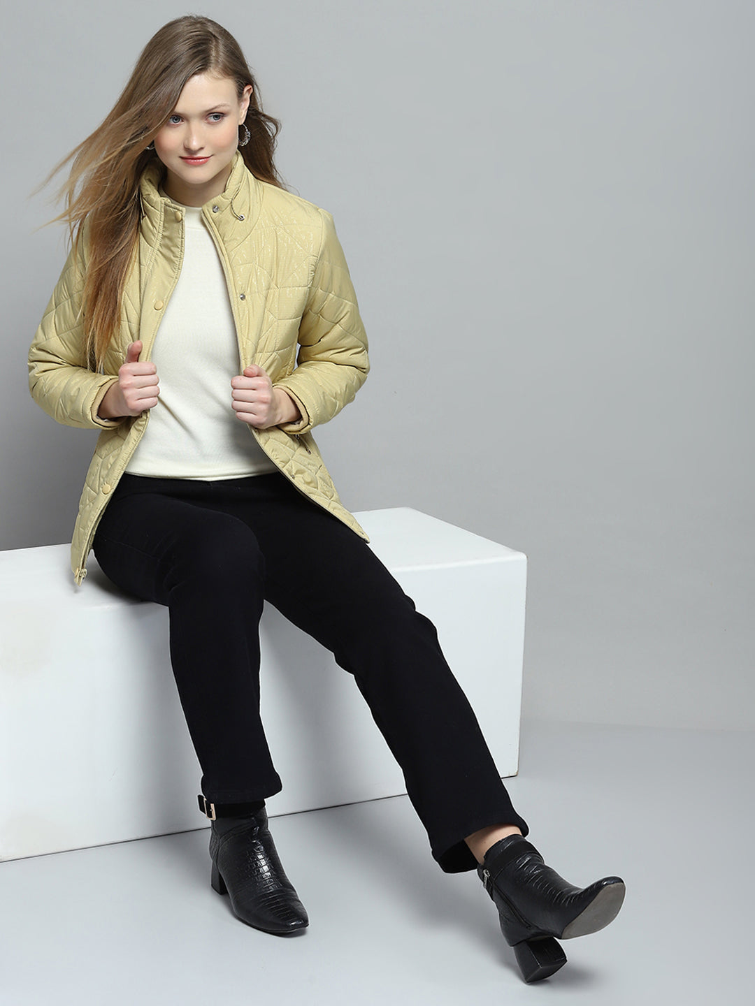 Women Yellow Self Design Mock Neck Full Sleeve Jacket