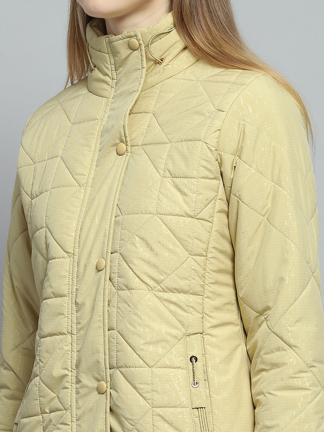 Women Yellow Self Design Mock Neck Full Sleeve Jacket