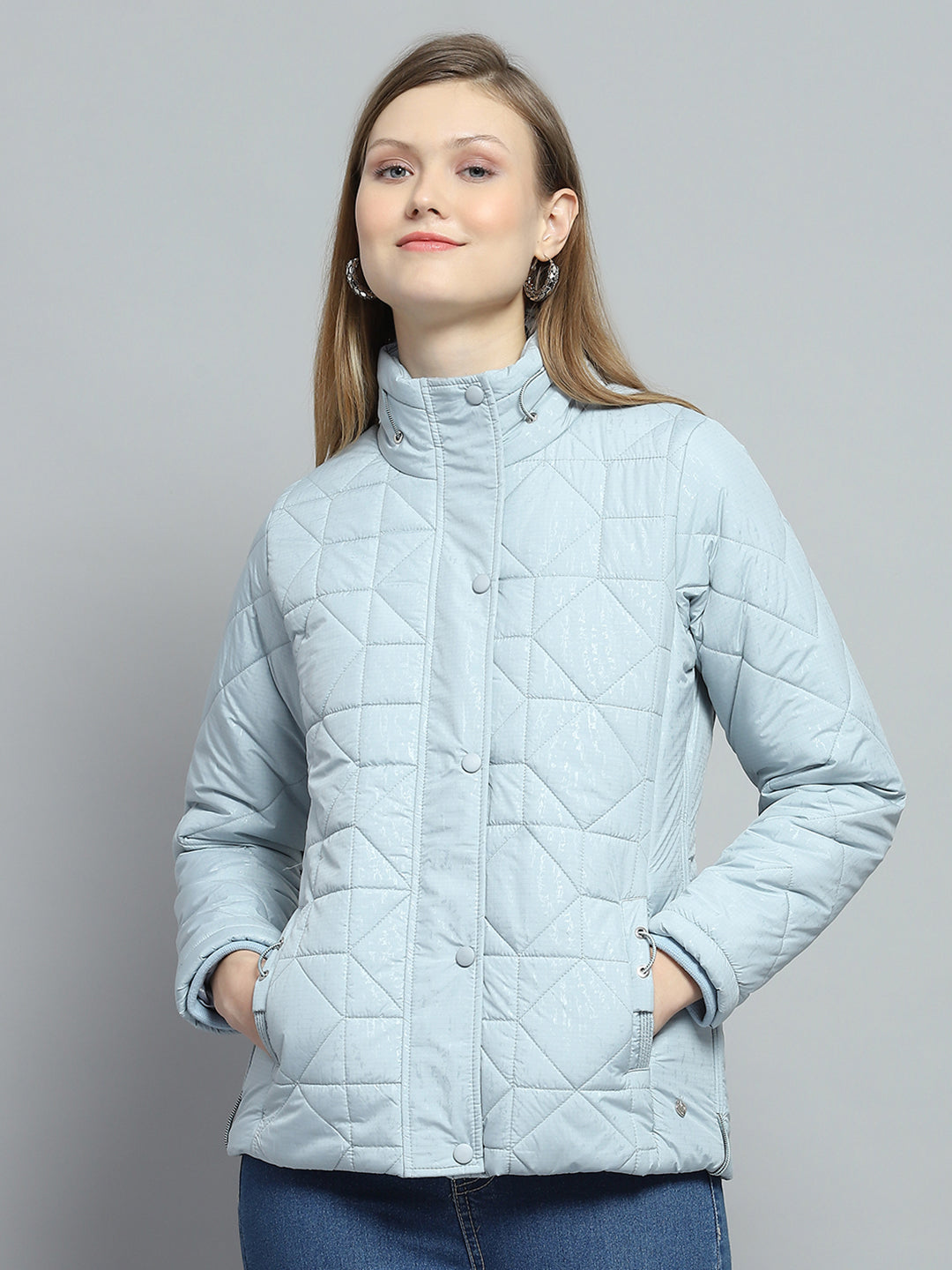 Women Blue Self Design Mock Neck Full Sleeve Jacket