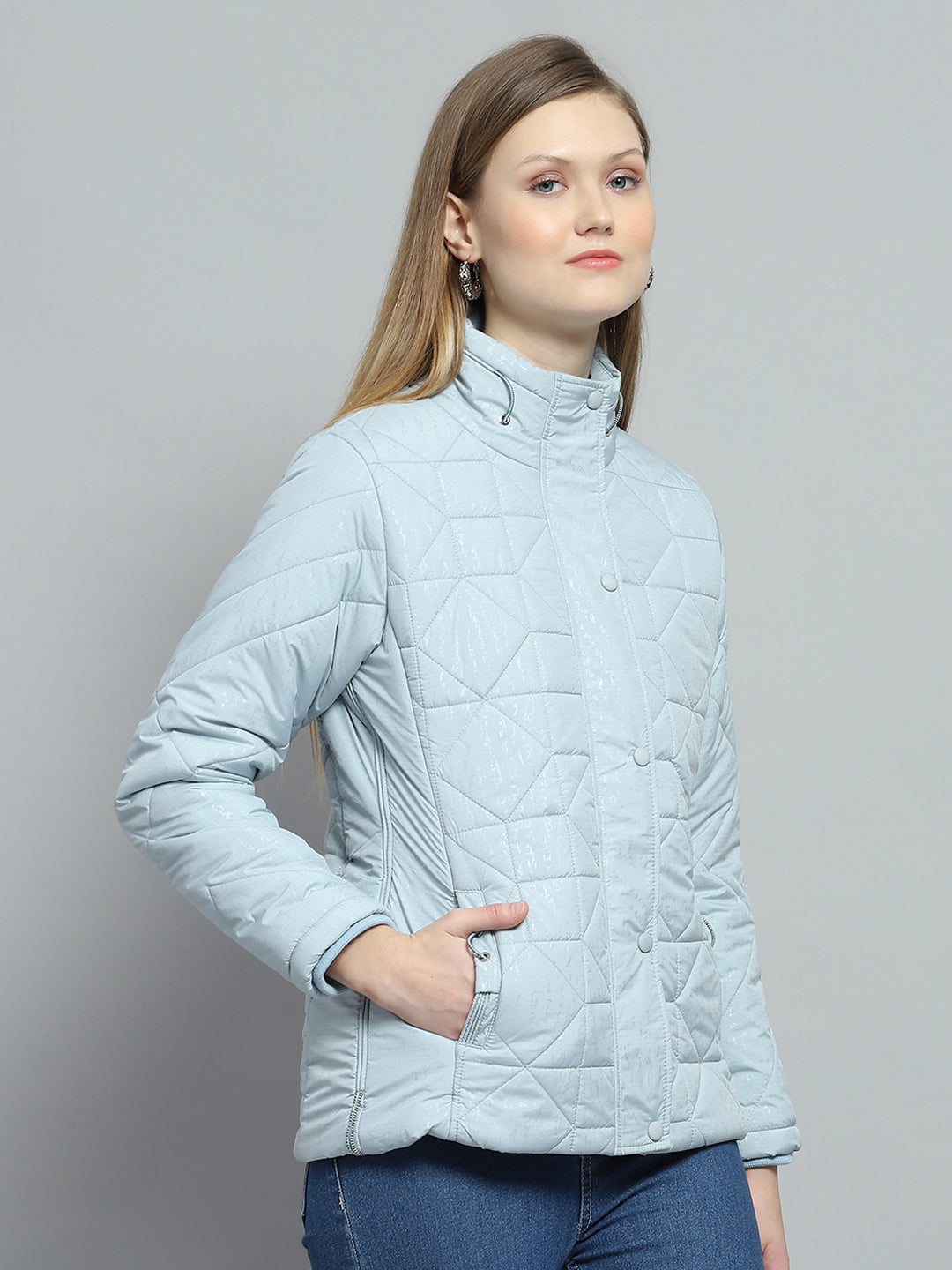 Women Blue Self Design Mock Neck Full Sleeve Jacket