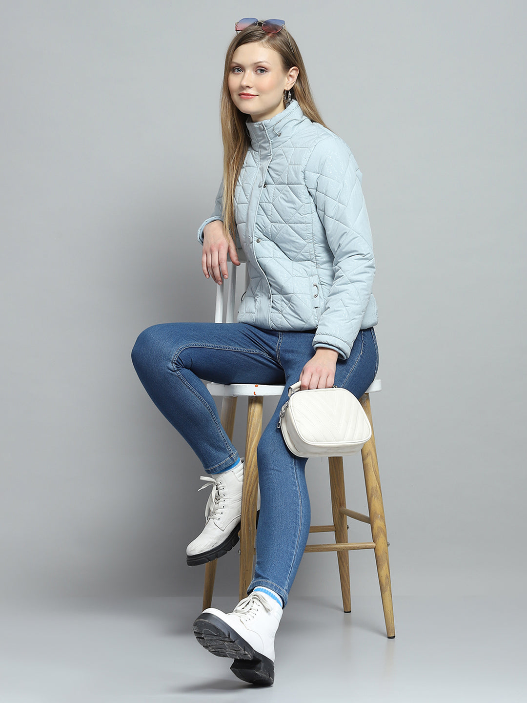 Women Blue Self Design Mock Neck Full Sleeve Jacket