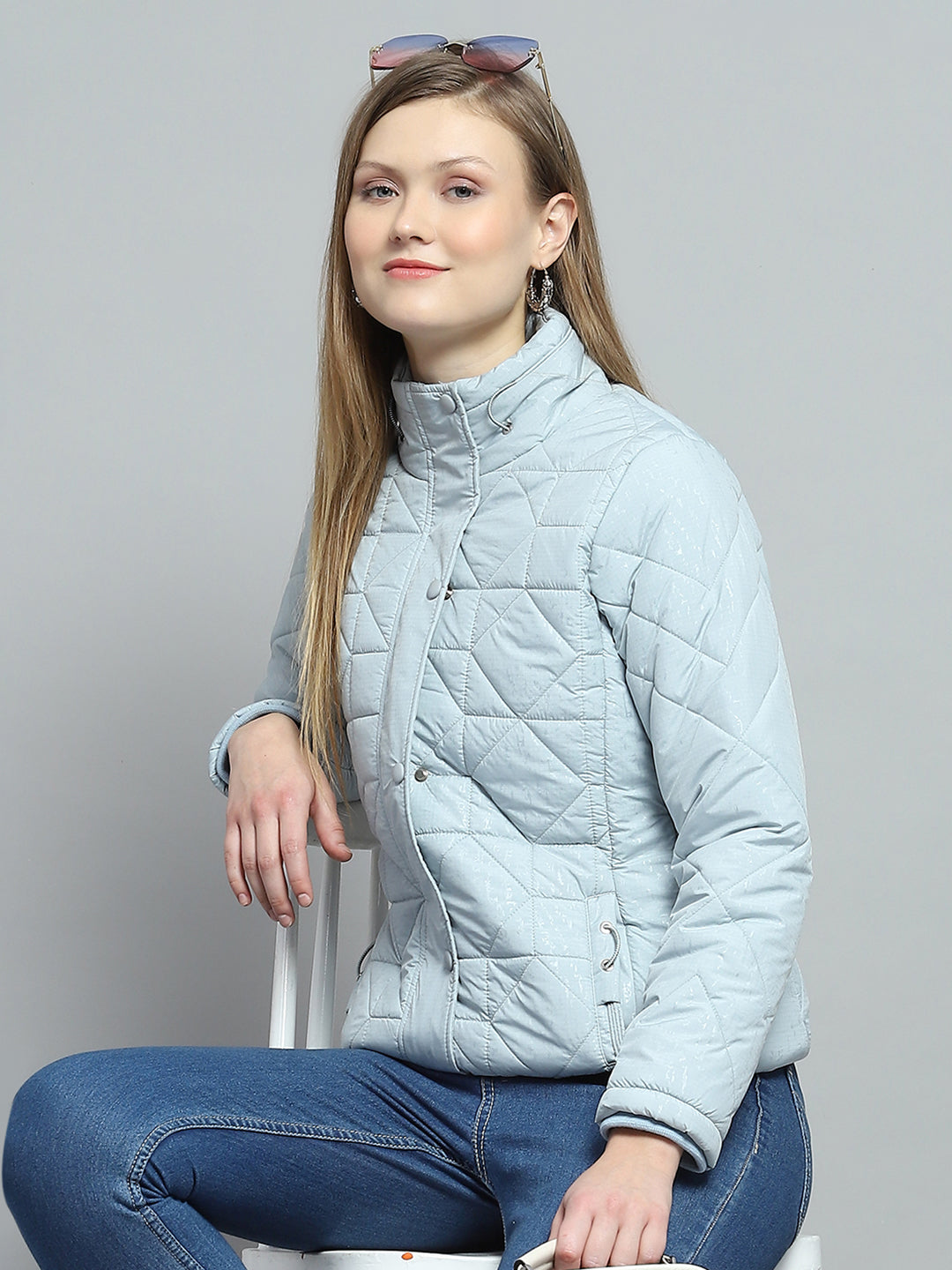 Women Blue Self Design Mock Neck Full Sleeve Jacket