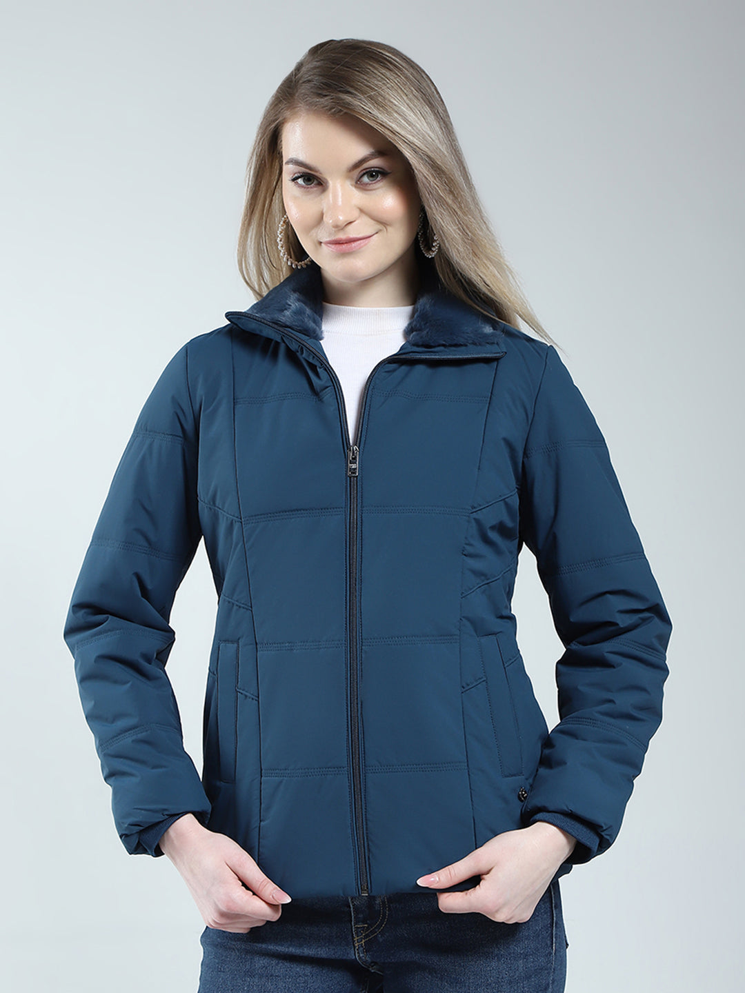 Women Teal Blue Solid Collar Full Sleeve Jacket