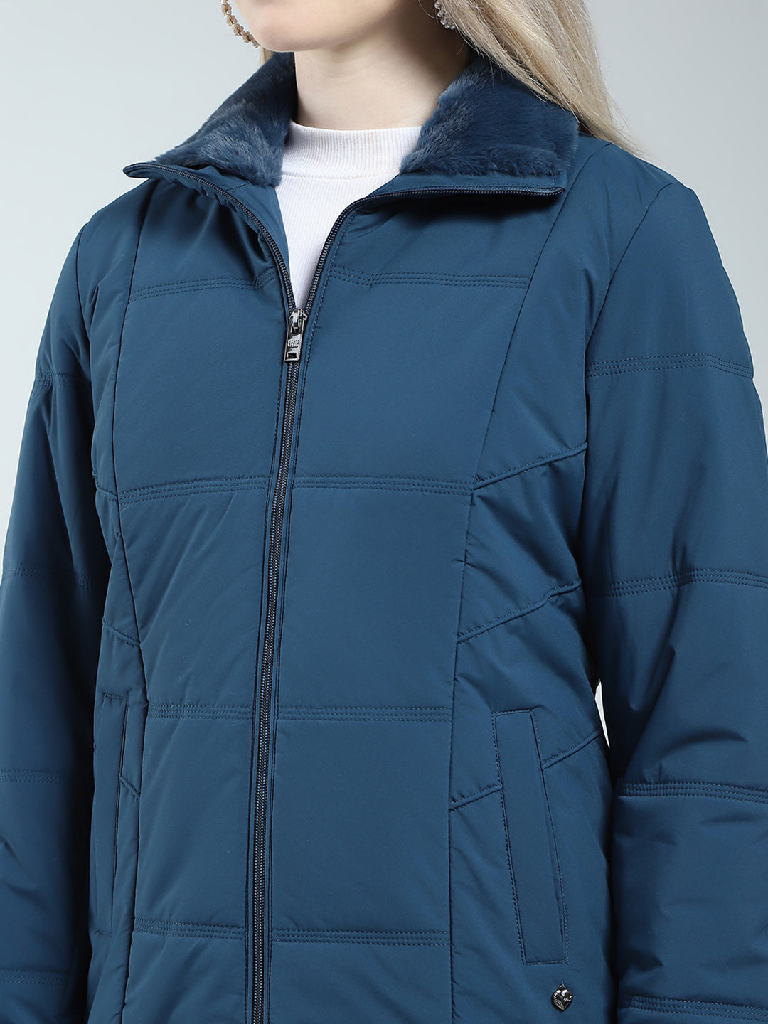 Women Teal Blue Solid Collar Full Sleeve Jacket