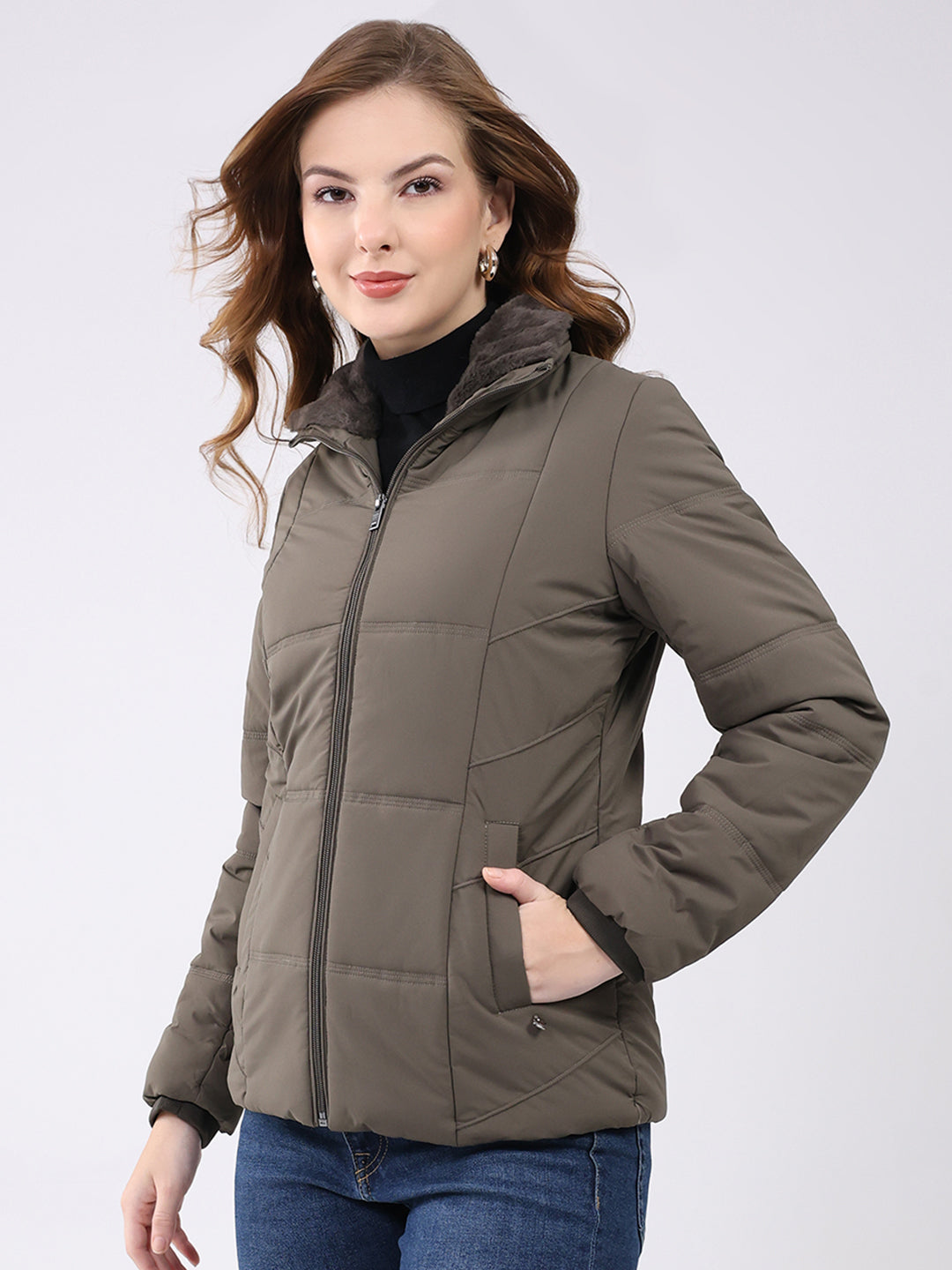 Women Grey Solid Collar Full Sleeve Jacket