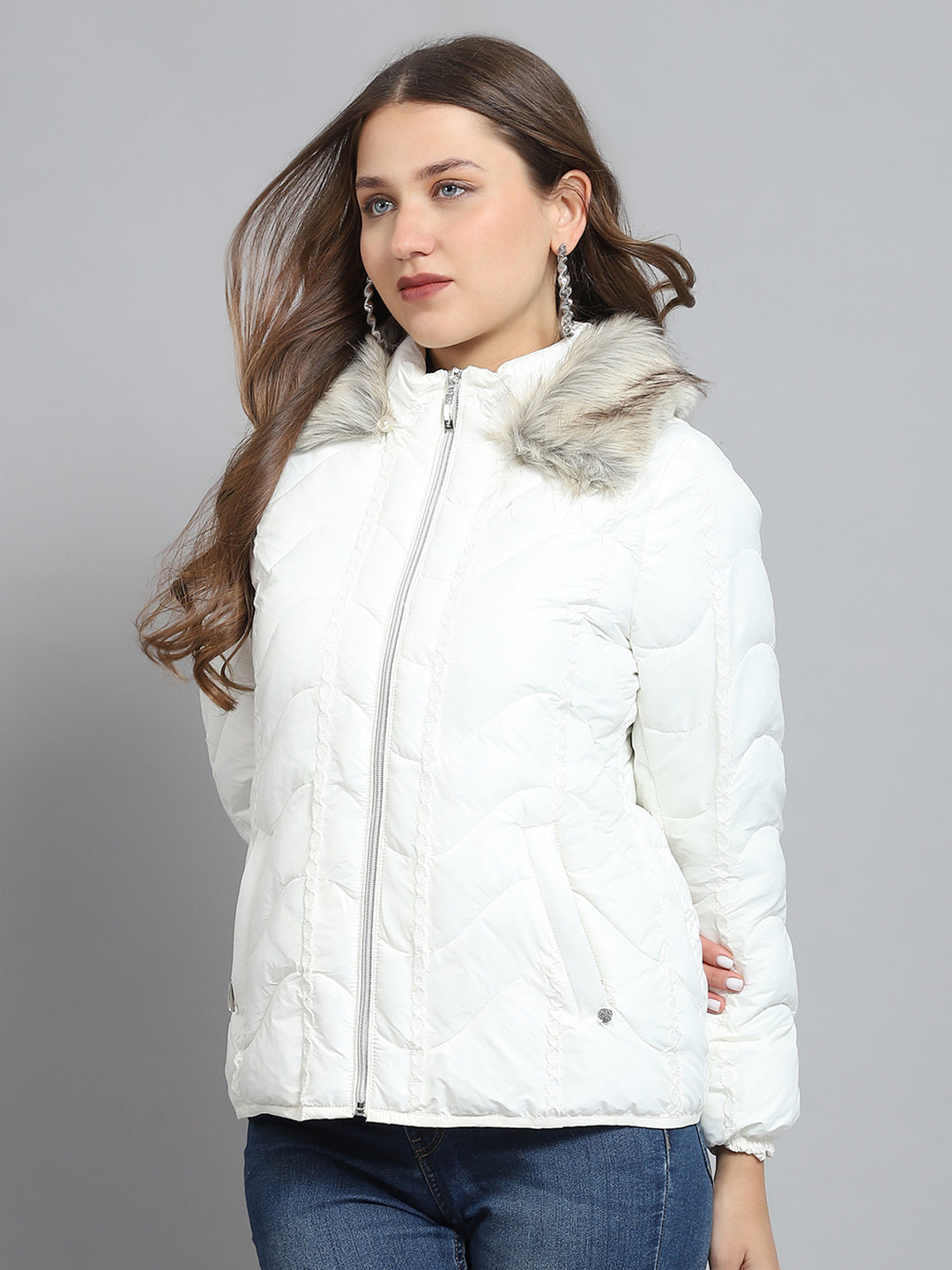 Women Off White Self Design Collar Full Sleeve Jacket