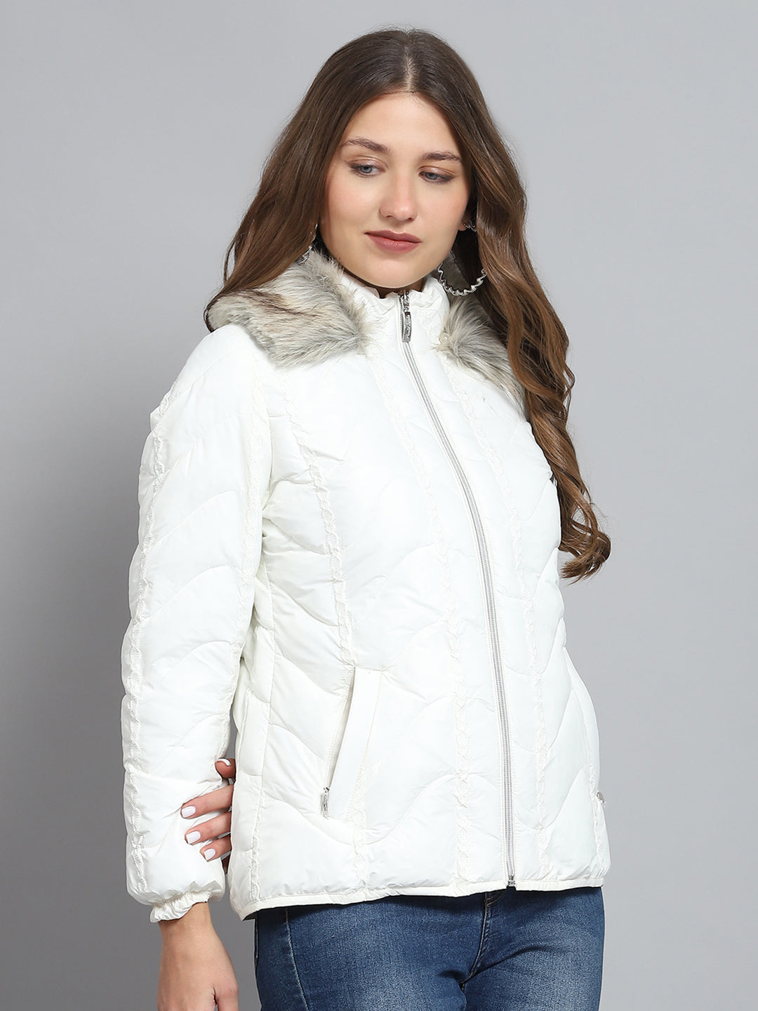 Women Off White Self Design Collar Full Sleeve Jacket
