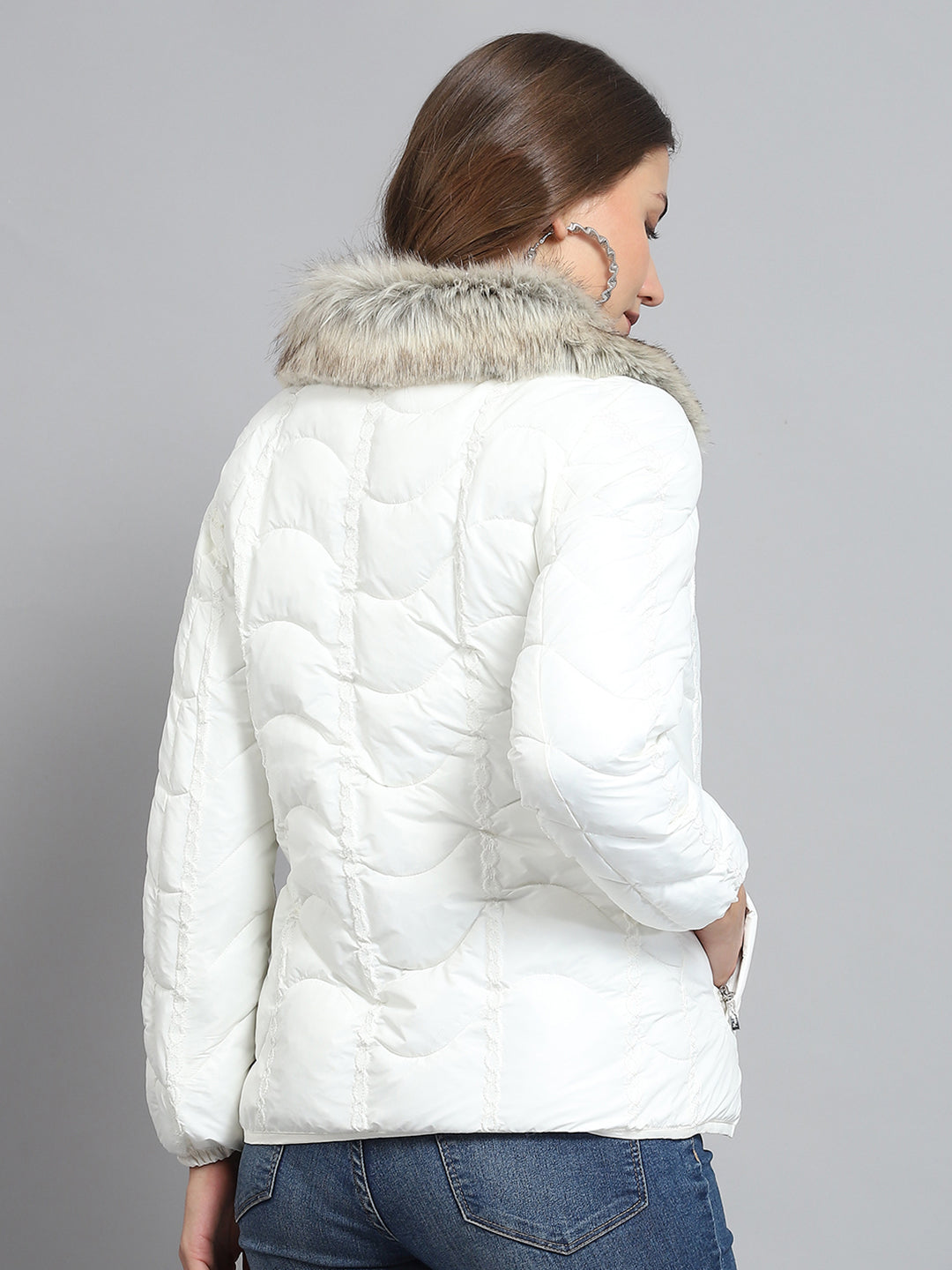 Women Off White Self Design Collar Full Sleeve Jacket